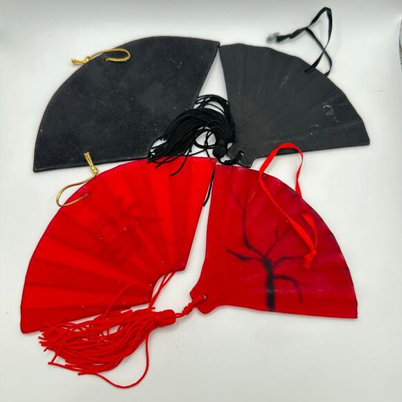 Set 4 red black glass gold glitter Chinese folding fans Christmas tree ornaments - Picture 5 of 5